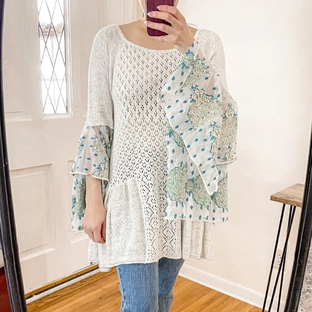 Free People Pointelle Breeze Knit Top in Ivory Combo L